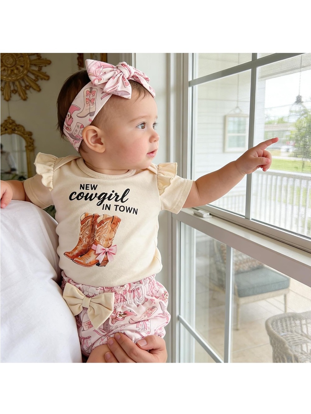 New Cowgirl in Town Western Baby Girl Pink Bow Outfit Set 6-9 months. - Picture 2 of 6